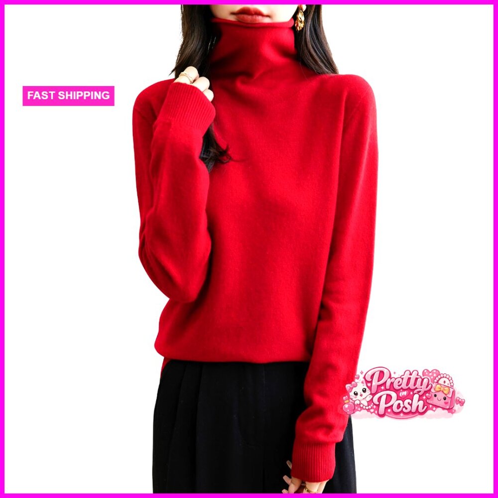 Merino Wool Seamless Turtleneck Sweater Long Sleeve Pullover Relaxed Fit